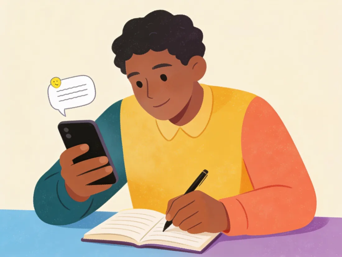 A person using a phone reminder and a paper notebook at the same time.
