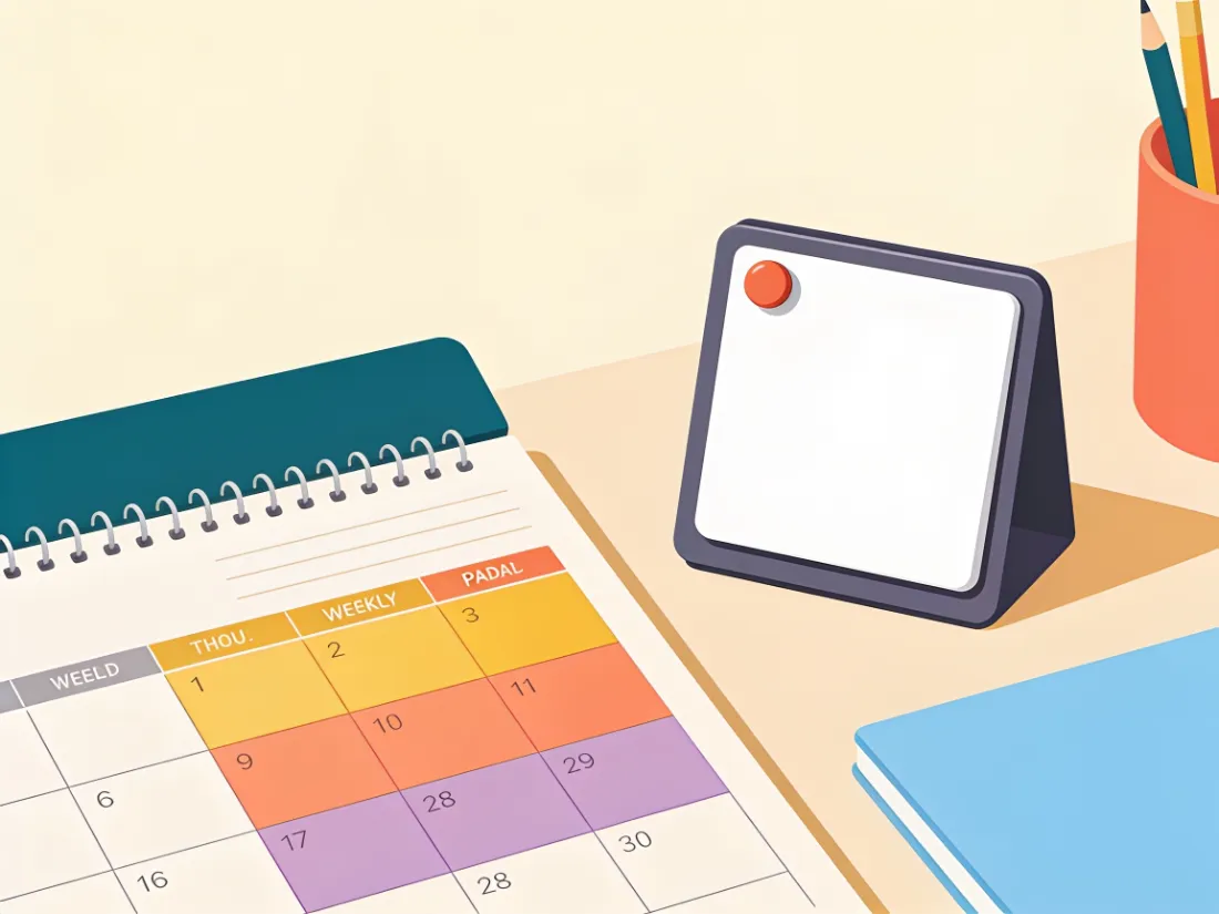 A weekly desk pad and small whiteboard on a tidy desk.