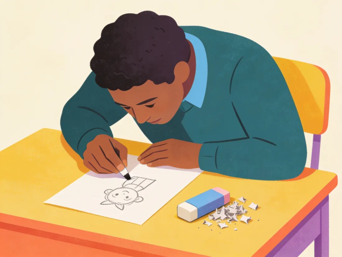 A person erasing the same drawing over and over, with eraser crumbs piling up.