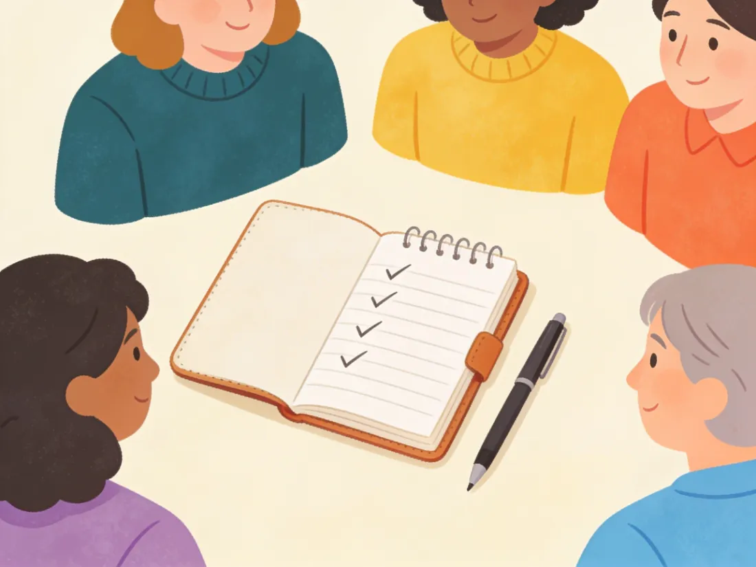 A small notebook open to a page filled with checkmarks.