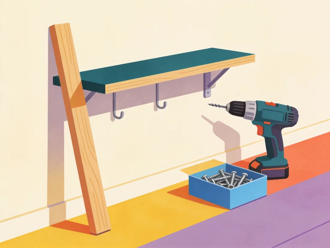 An unhung shelf leaning against a wall with a drill and screws beside it.