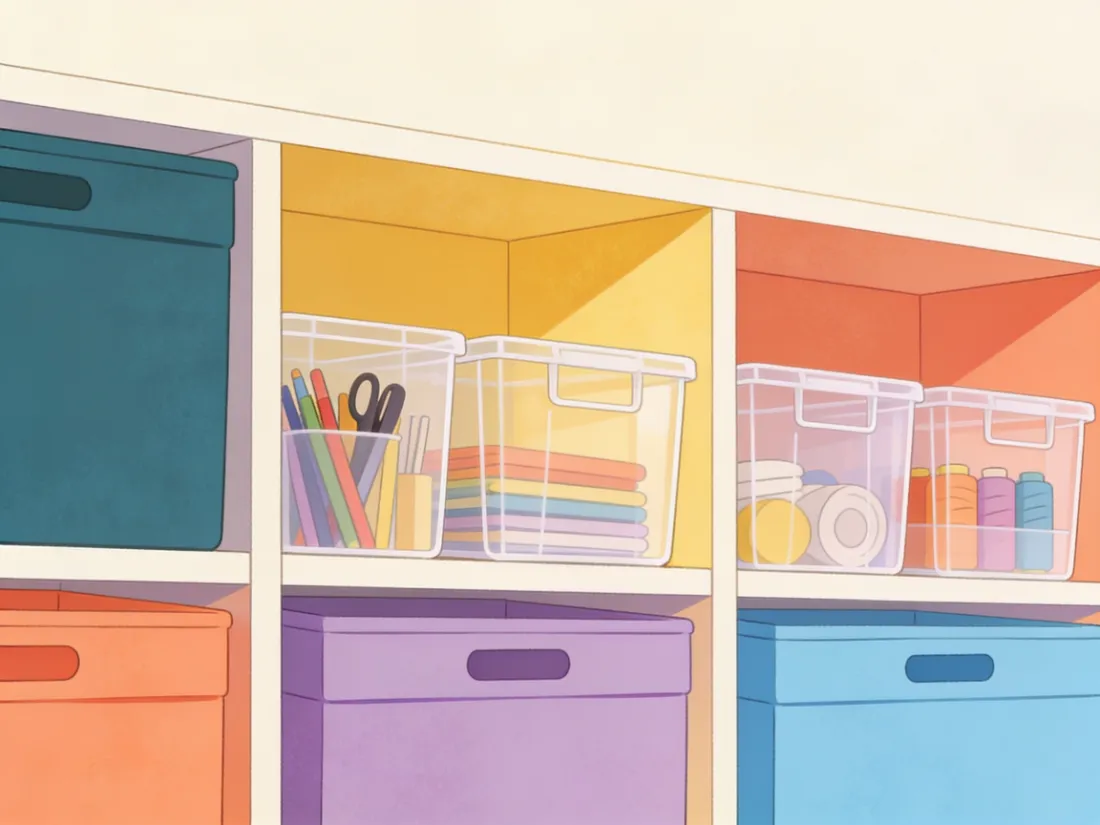 Clear storage bins on open shelves with supplies visible inside.