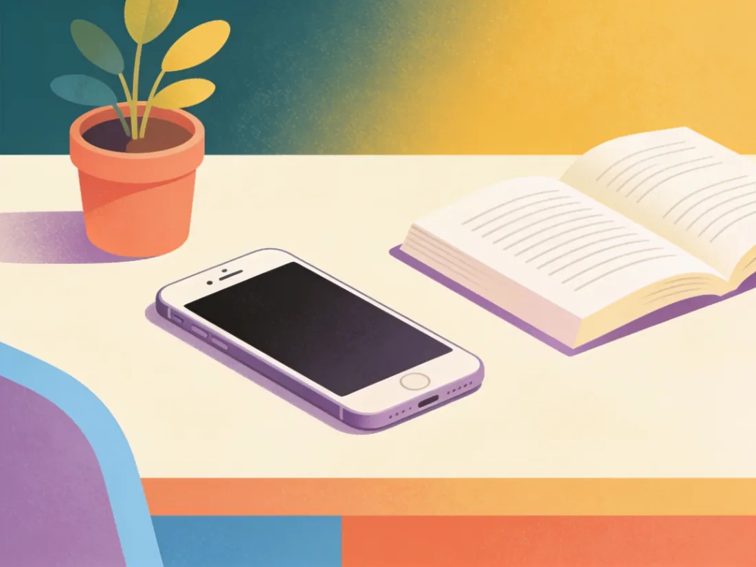 A phone placed face down on a desk next to a plant and an open book.
