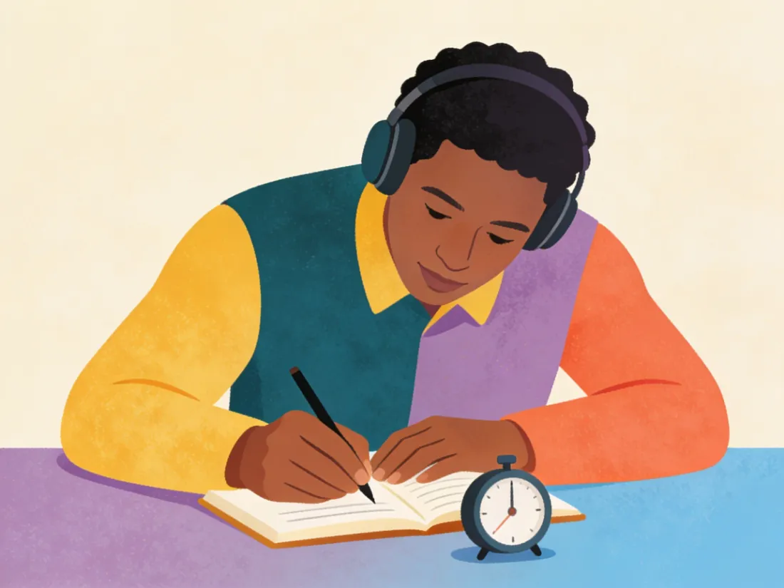 A person focused on writing in a notebook with a timer in front of them.