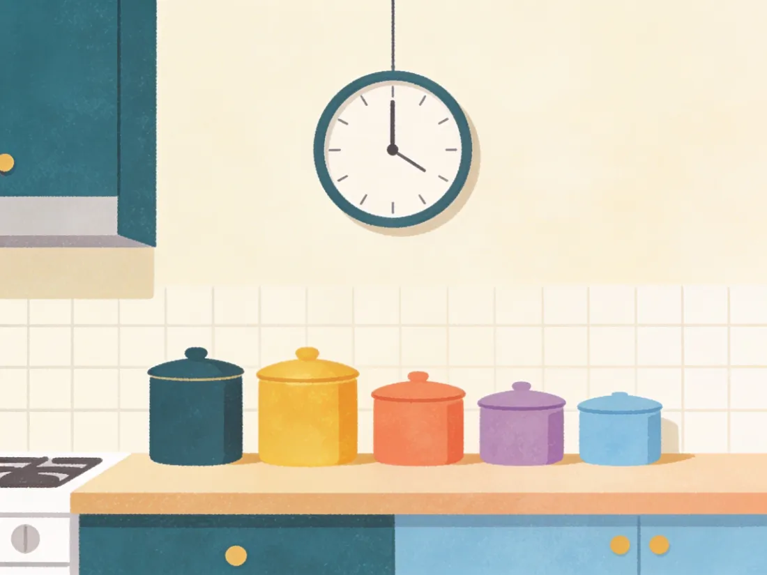 A silent analog wall clock hanging in a bright kitchen.