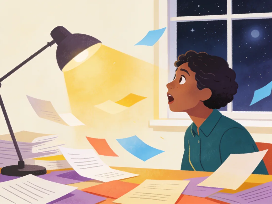 A surprised person at a desk noticing it is already night outside.